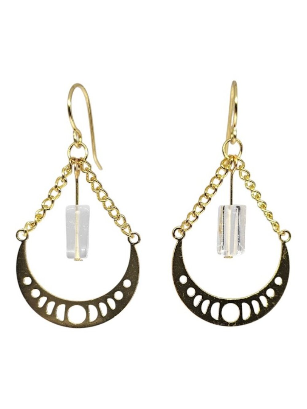 Gold-Tone Crescent Moon Dangle Earrings Crystal Quartz Boho Celestial Handmade